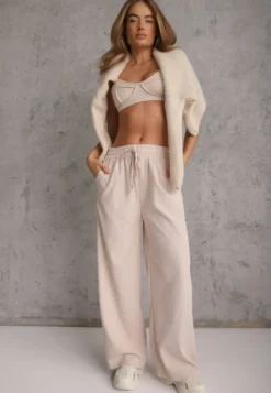 Beżowe Spodnie o Szerokim Kroju High Waist z Wiązaniem w Pasie Ettianne