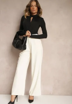 Beżowe Spodnie o Szerokim Kroju High Waist Wykończone Lamówką Verillia