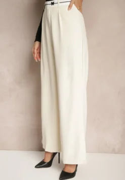 Beżowe Spodnie o Szerokim Kroju High Waist Wykończone Lamówką Verillia