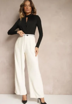 Beżowe Spodnie o Szerokim Kroju High Waist Wykończone Lamówką Verillia