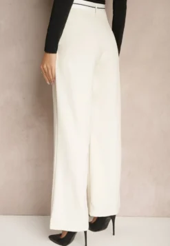 Beżowe Spodnie o Szerokim Kroju High Waist Wykończone Lamówką Verillia