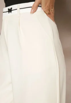 Beżowe Spodnie o Szerokim Kroju High Waist Wykończone Lamówką Verillia