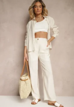 Beżowe Spodnie o Szerokim Kroju z Wiskozy High Waist Lisamara