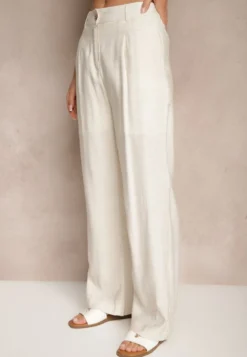 Beżowe Spodnie o Szerokim Kroju z Wiskozy High Waist Lisamara