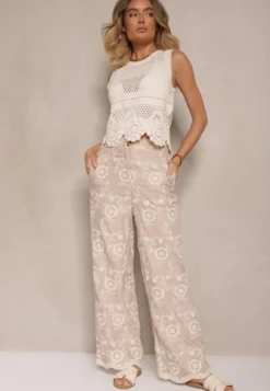 Beżowe Spodnie o Szerokim Kroju High Waist Ozdobione Haftem Issedi