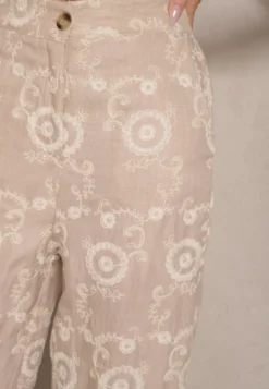 Beżowe Spodnie o Szerokim Kroju High Waist Ozdobione Haftem Issedi