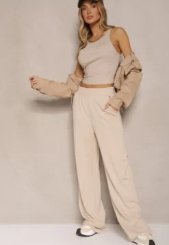 Beżowe Spodnie o Szerokim Kroju High Waist z Gumką w Pasie Belobira
