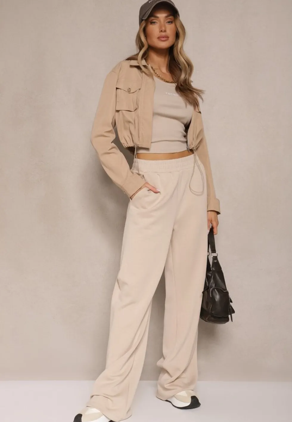 Beżowe Spodnie o Szerokim Kroju High Waist z Gumką w Pasie Belobira