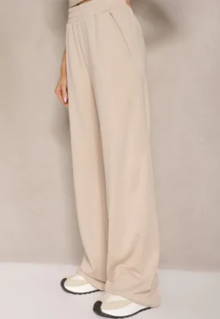 Beżowe Spodnie o Szerokim Kroju High Waist z Gumką w Pasie Belobira