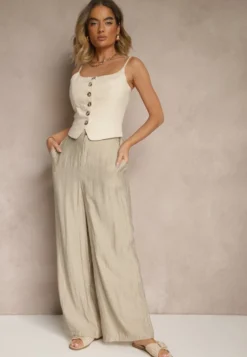 Beżowe Spodnie o Szerokim Kroju High Waist Natoreia