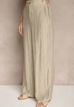 Beżowe Spodnie o Szerokim Kroju High Waist Natoreia