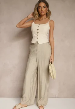 Beżowe Spodnie o Szerokim Kroju High Waist Natoreia