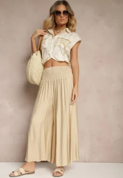 Beżowe Spodnie o Szerokim Kroju Kuloty High Waist o Długości 7/8 Ulanova