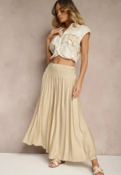 Beżowe Spodnie o Szerokim Kroju Kuloty High Waist o Długości 7/8 Ulanova