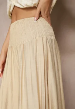 Beżowe Spodnie o Szerokim Kroju Kuloty High Waist o Długości 7/8 Ulanova