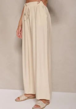 Beżowe Spodnie o Szerokim Kroju High Waist z Wiązaniem Fenalin