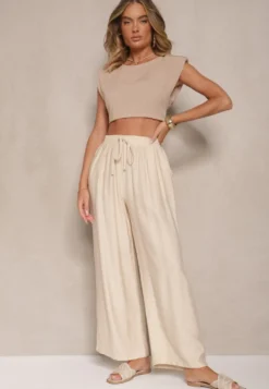 Beżowe Spodnie o Szerokim Kroju High Waist z Wiązaniem Fenalin