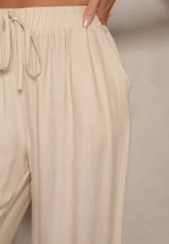 Beżowe Spodnie o Szerokim Kroju High Waist z Wiązaniem Fenalin