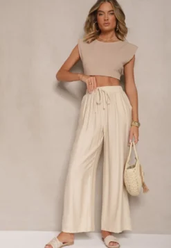 Beżowe Spodnie o Szerokim Kroju High Waist z Wiązaniem Fenalin