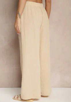 Beżowe Spodnie Palazzo o Szerokim Kroju High Waist Ollevia