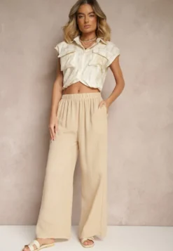 Beżowe Spodnie Palazzo o Szerokim Kroju High Waist Ollevia