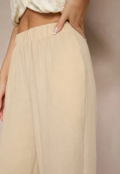 Beżowe Spodnie Palazzo o Szerokim Kroju High Waist Ollevia