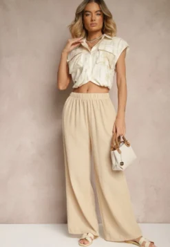 Beżowe Spodnie Palazzo o Szerokim Kroju High Waist Ollevia