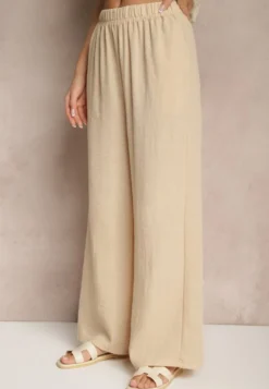 Beżowe Spodnie Palazzo o Szerokim Kroju High Waist Ollevia