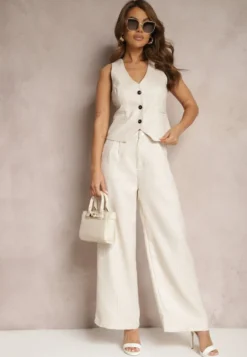 Beżowe Spodnie Szerokie Garniturowe High Waist Tamarixia