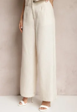 Beżowe Spodnie Szerokie Garniturowe High Waist Tamarixia