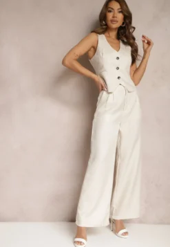 Beżowe Spodnie Szerokie Garniturowe High Waist Tamarixia