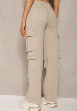 Beżowe Spodnie Typu Bojówki z Bawełny High Waist z Kieszeniami Zefara