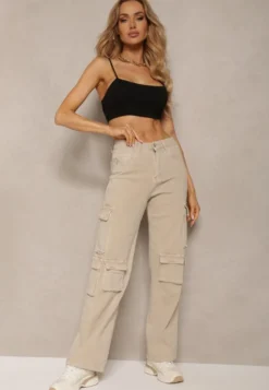 Beżowe Spodnie Typu Bojówki z Bawełny High Waist z Kieszeniami Zefara