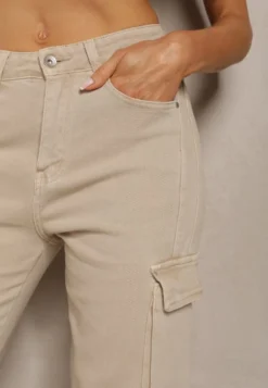 Beżowe Spodnie Typu Bojówki z Bawełny High Waist z Kieszeniami Zefara