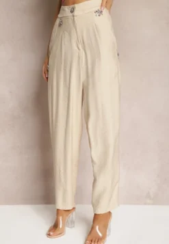 Beżowe Spodnie Typu High Waist Ozdobione Cyrkoniami Sajara