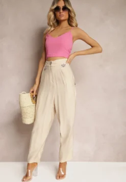 Beżowe Spodnie Typu High Waist Ozdobione Cyrkoniami Sajara