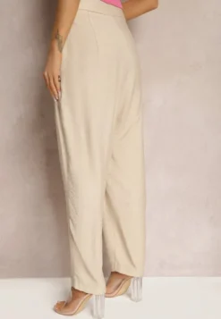 Beżowe Spodnie Typu High Waist Ozdobione Cyrkoniami Sajara