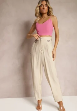 Beżowe Spodnie Typu High Waist Ozdobione Cyrkoniami Sajara