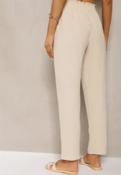 Beżowe Spodnie Typu Paper Bag High Waist z Gumką w Talii Salvavia