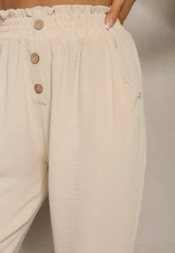 Beżowe Spodnie Typu Paper Bag High Waist z Gumką w Talii Salvavia