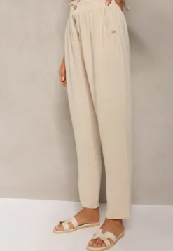 Beżowe Spodnie Typu Paper Bag High Waist z Gumką w Talii Salvavia