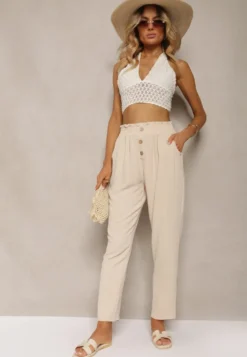 Beżowe Spodnie Typu Paper Bag High Waist z Gumką w Talii Salvavia