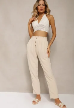 Beżowe Spodnie Typu Paper Bag High Waist z Gumką w Talii Salvavia