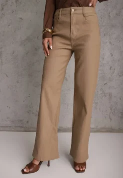 Beżowe Spodnie Woskowane o Szerokim Kroju High Waist Sezila
