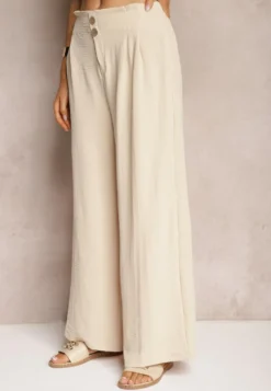 Beżowe Spodnie w Stylu Alladynek High Waist Wykończone Gumką w Pasie Riselma