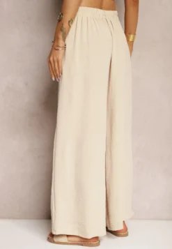 Beżowe Spodnie w Stylu Alladynek High Waist Wykończone Gumką w Pasie Riselma