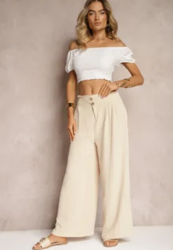 Beżowe Spodnie w Stylu Alladynek High Waist Wykończone Gumką w Pasie Riselma