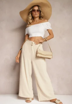Beżowe Spodnie w Stylu Alladynek High Waist Wykończone Gumką w Pasie Riselma