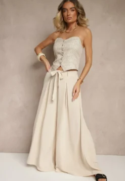 Beżowe Spodnie z Bawełną o Szerokim Kroju High Waist z Paskiem Iveleldi