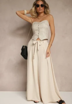 Beżowe Spodnie z Bawełną o Szerokim Kroju High Waist z Paskiem Iveleldi